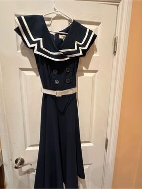 Bettie Page by Tatyana-Vintage Sailor Collar Navy Dress White Trim - Nautical